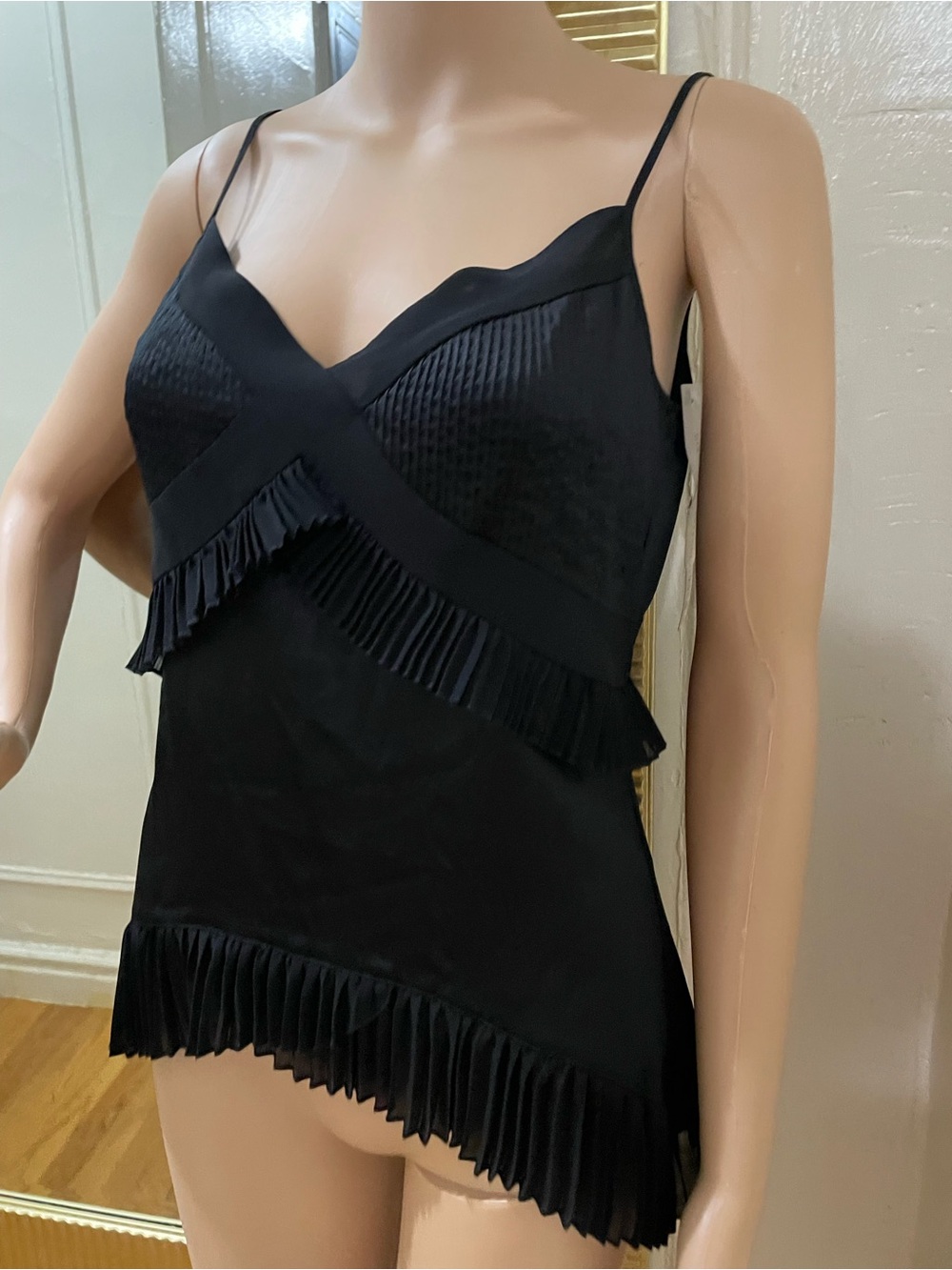 Diane Von Furstenberg Black Pleated-Trim Silk Camisole